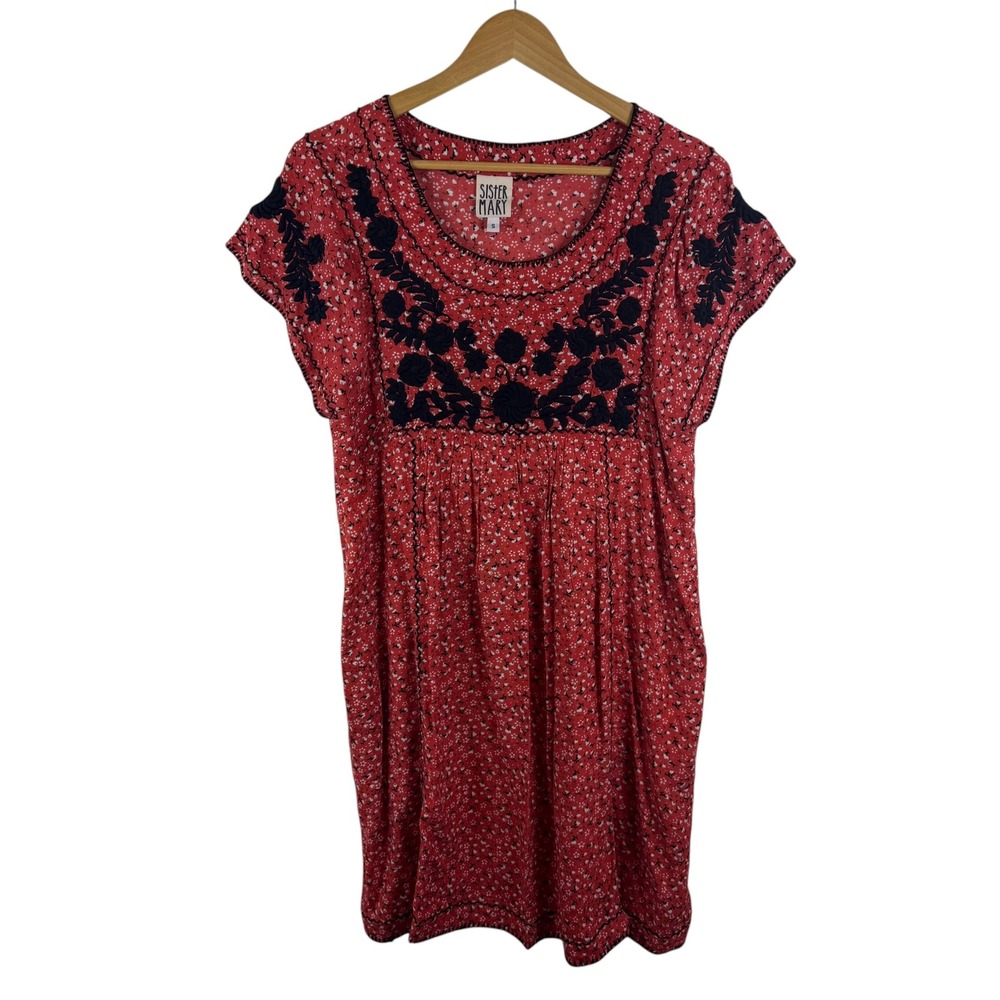 Sister Mary Veronica Red Floral Embroidered Dress Small Flowy Boho Resort Comfy